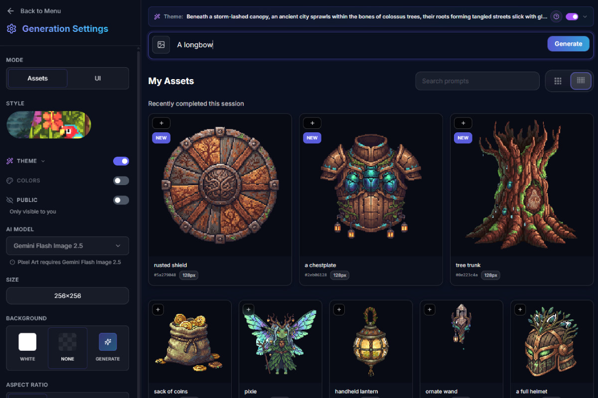 SpriteCook.ai sprite generation dashboard showing pixel art editor and output grid