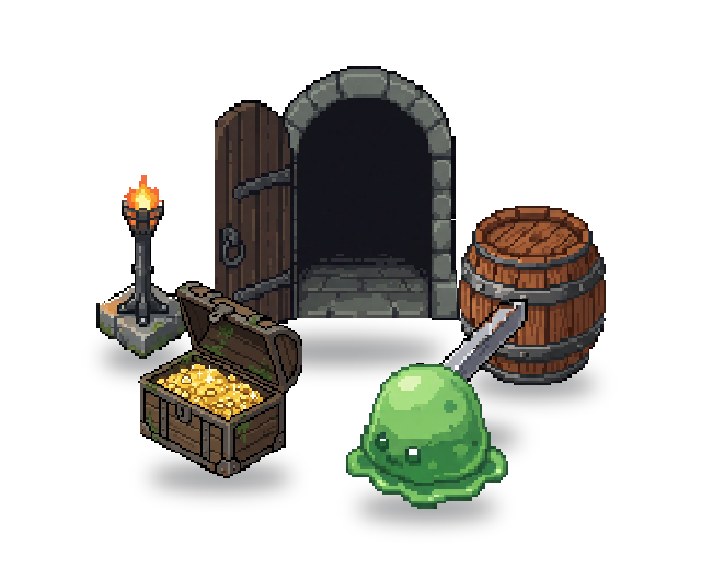 A dungeon room built from the pixel art pack: an open door, a torch stand, a barrel, a sword, a treasure chest and a slime.