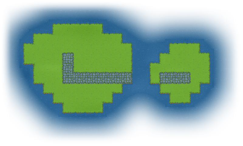 Two grassy woodland islands joined by a wooden bridge, with stone paths and blue water, assembled from 32-pixel tiles.
